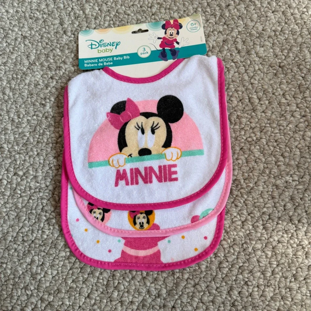 Disney Baby Minnie Mouse Bibs 3 Pack Pink White‎ Polka Dot New